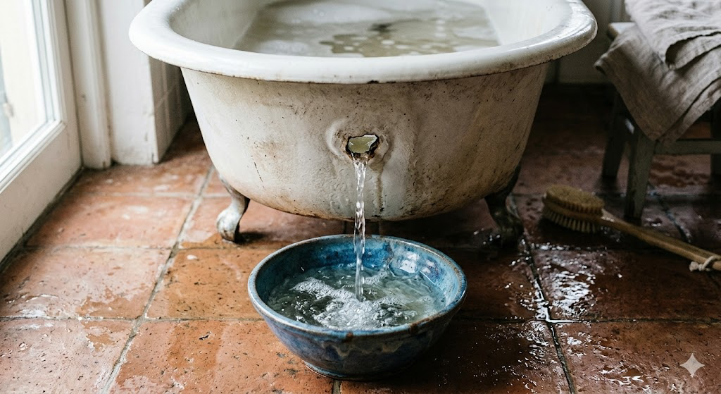 Banheira antiga vazando água sobre uma bacia azul, em um piso de cerâmica.