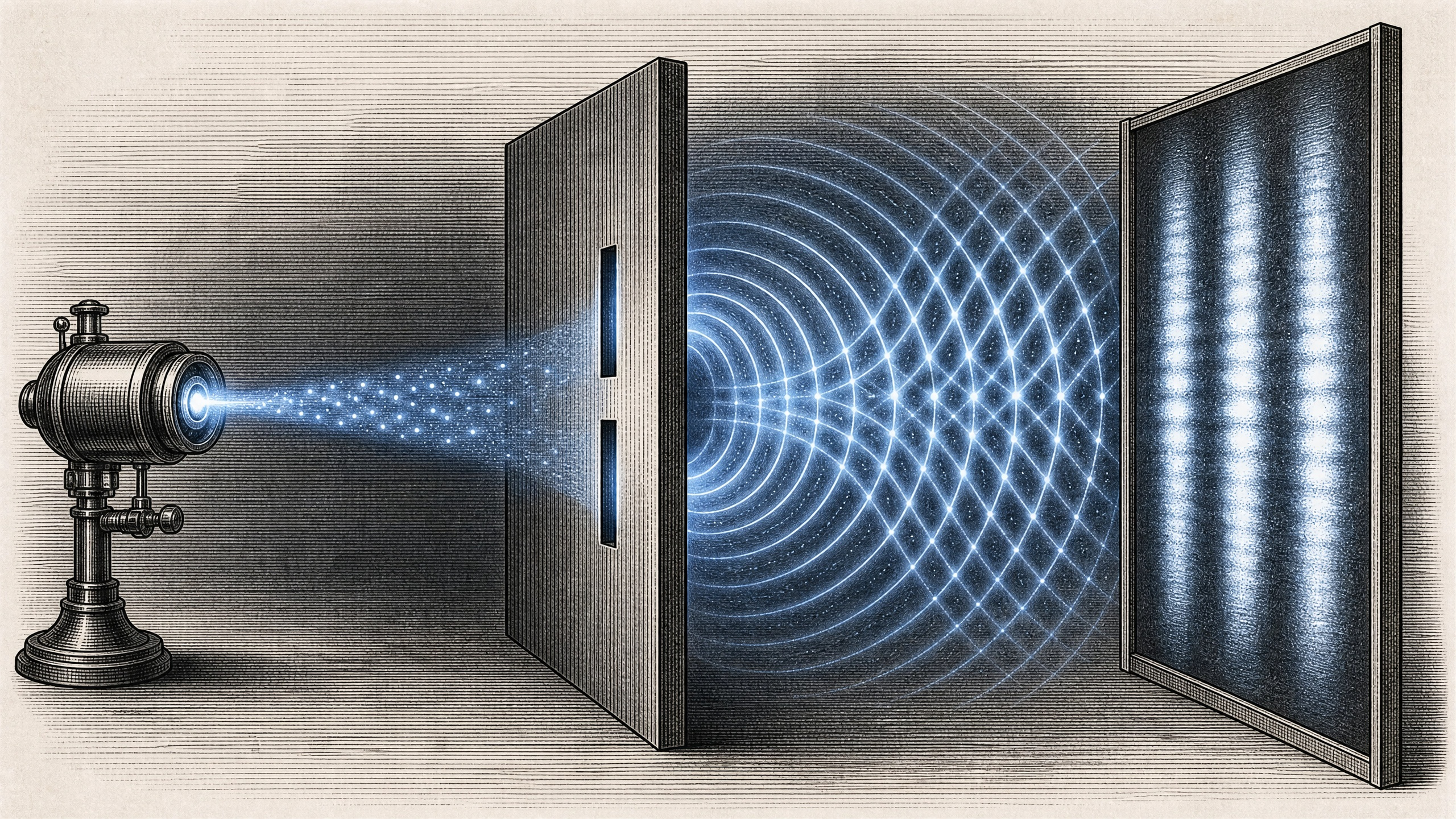 Ilustração do experimento da Dupla Fenda em estilo de gravura: uma fonte de luz atravessa duas fendas e forma um padrão de interferência.